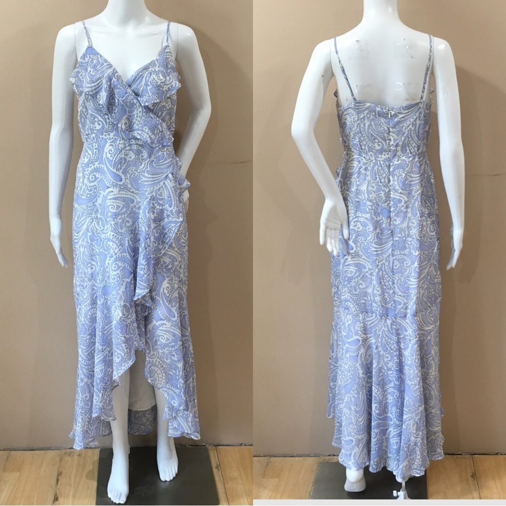 Express Maxi Dress Small Ruffle hi low Blue Paisley Size 0 Womens Occasion